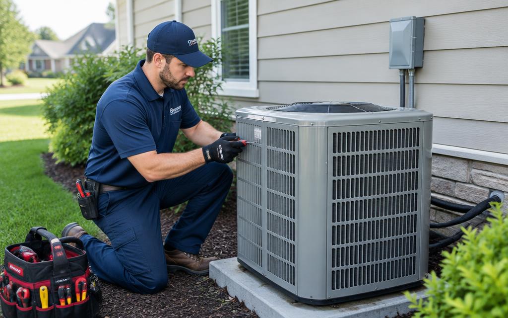 HVAC technician servicing an outdoor AC unit